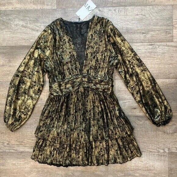 ZARA Metallic V-Neck Pleated Mini Dress NWT | Gold Long Sleeve (M) - Picture 15 of 16